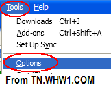 Firefox Options selected from Tools menu